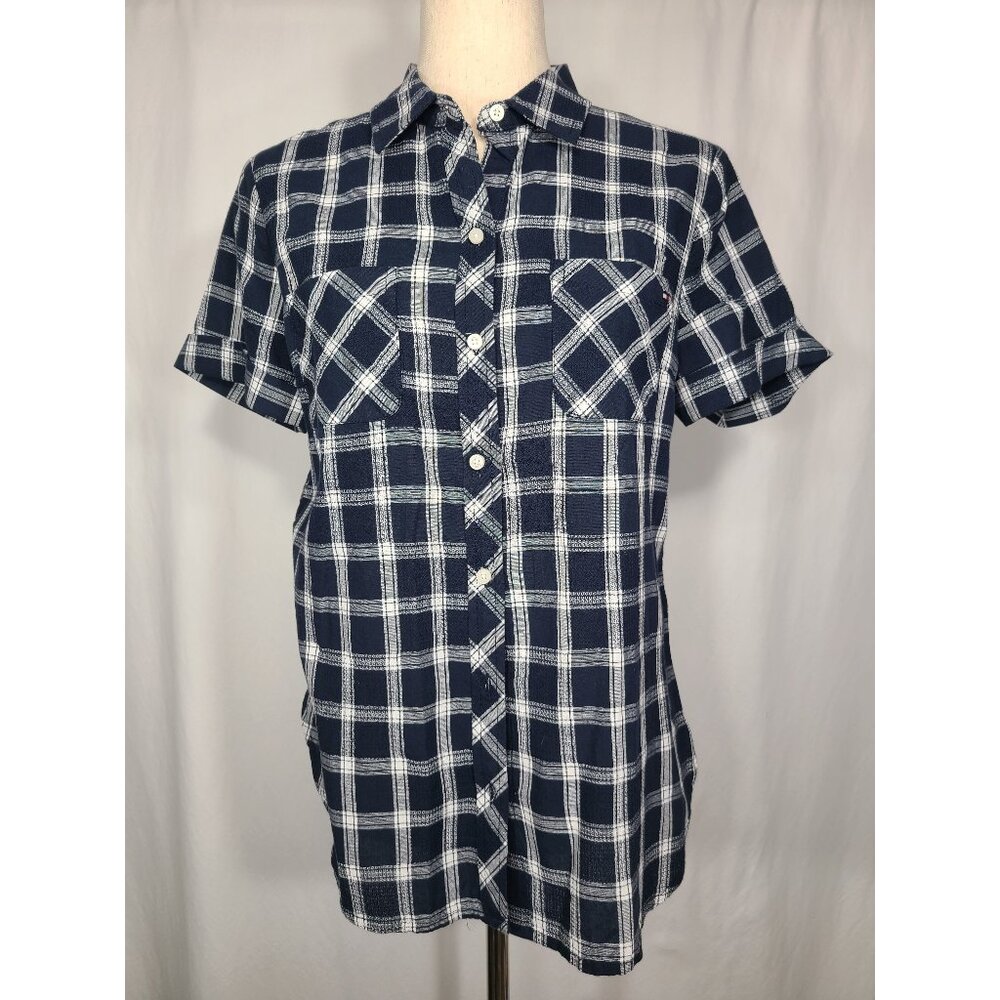 NWT Tommy Hilfiger Short Sleeves Womens Top Shirt Blue Pattern Size M A065